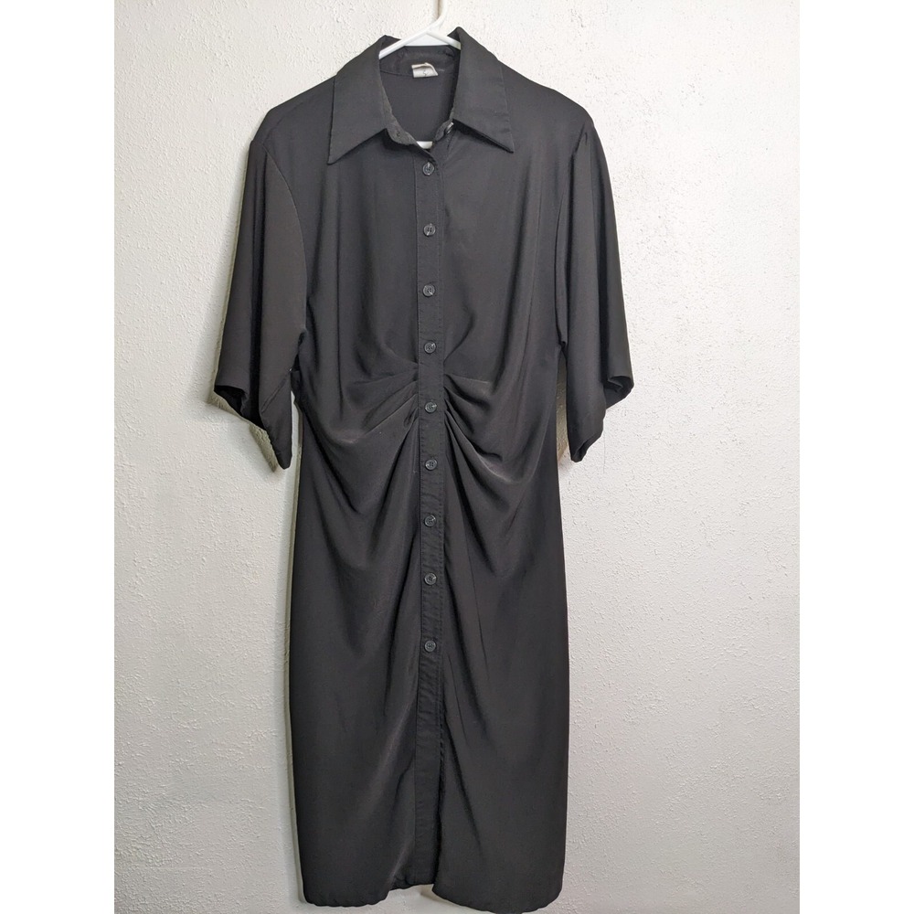 Silk & Salt Ariadne Black Full Button Up Ruched Dress Size XL‎ Minimal Office